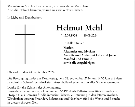 Traueranzeige von Helmut Mehl von Wetzlarer Neue Zeitung
