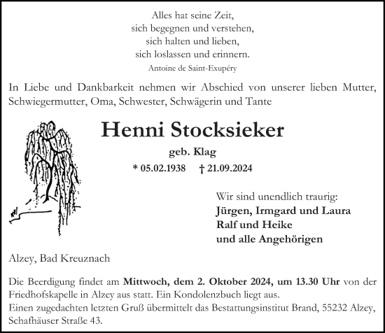 Traueranzeige von Henni Stocksieker von Allgemeine Zeitung Rheinhessen-Nahe