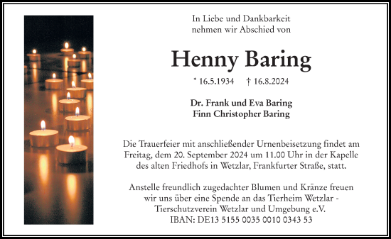 Traueranzeige von Henny Baring von Wetzlarer Neue Zeitung