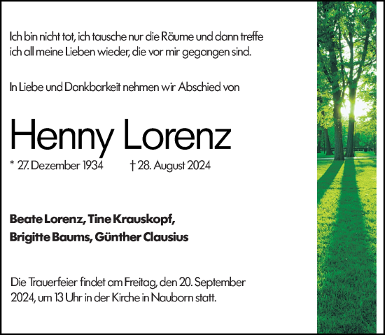 Traueranzeige von Henny Lorenz von Wetzlarer Neue Zeitung