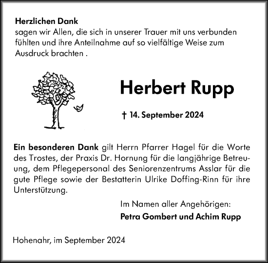 Traueranzeige von Herbert Rupp von Wetzlarer Neue Zeitung