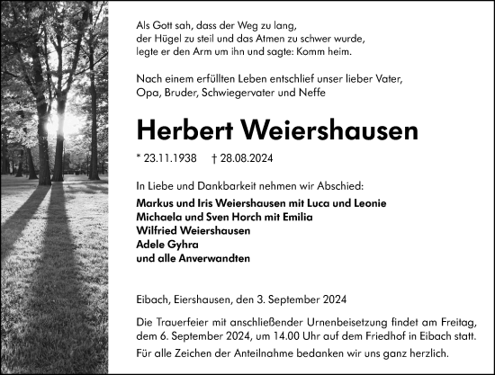 Traueranzeige von Herbert Weiershausen von Dill Block