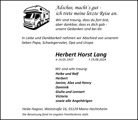Traueranzeige von Herbert Horst Lang von Allgemeine Zeitung Mainz