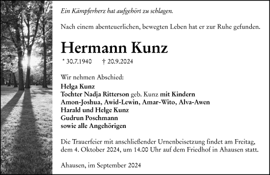 Traueranzeige von Hermann Kunz von Weilburger Tageblatt