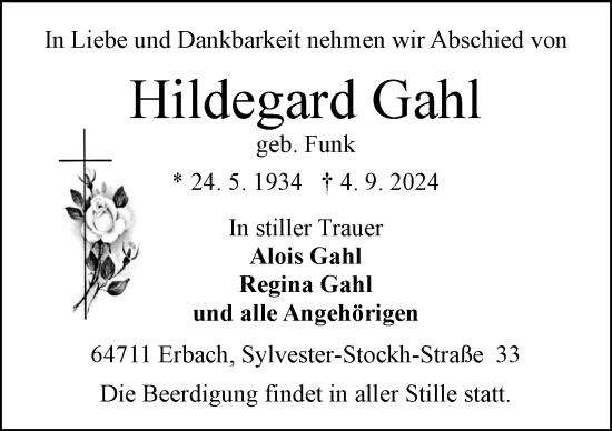 Traueranzeige von Hildegard Gahl von Odenwälder Echo
