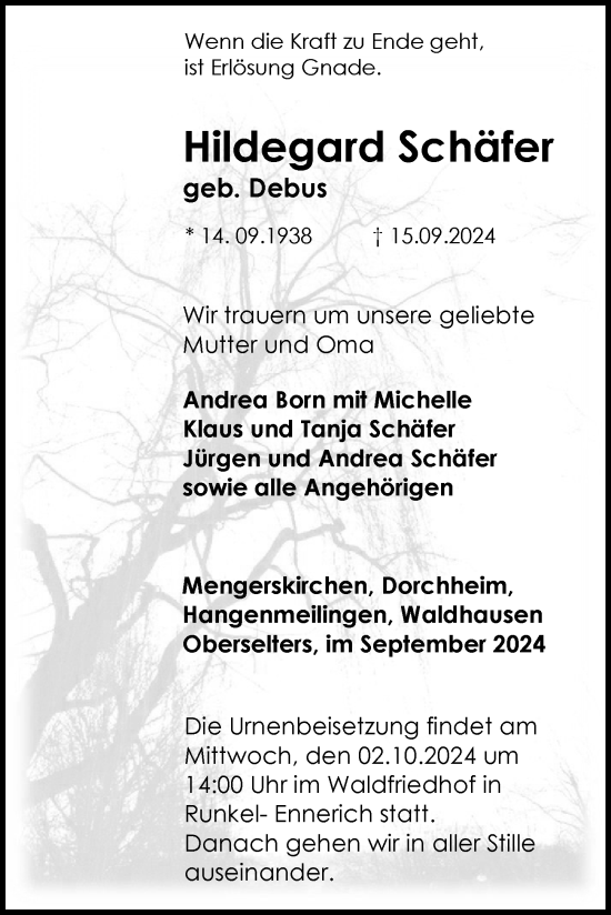 Traueranzeige von Hildegard Schäfer von Nassauische Neue Presse