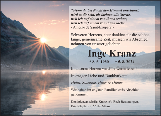 Traueranzeige von Inge Kranz von Allgemeine Zeitung Mainz