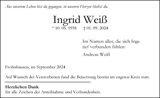 Traueranzeige von Ingrid Weiß von Dill Block