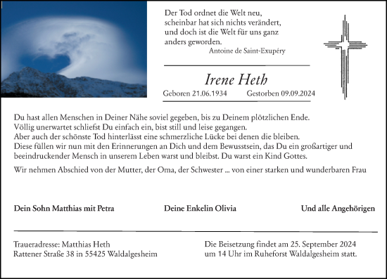 Traueranzeige von Irene Heth von Allgemeine Zeitung Rheinhessen-Nahe