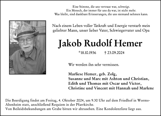 Traueranzeige von Jakob  Hemer von Wormser Zeitung