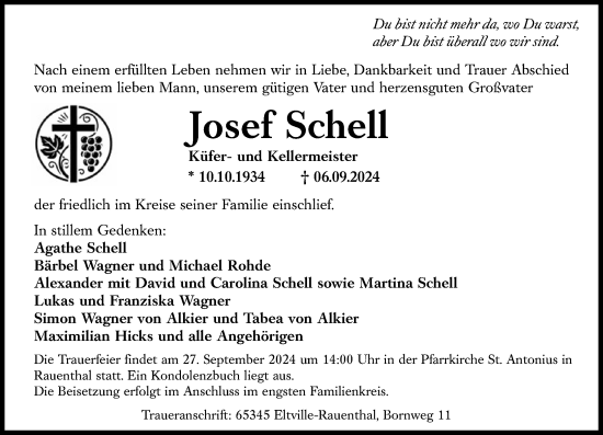 Traueranzeige von Josef Schell von Rheingau Kurier