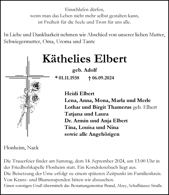 Traueranzeige von Käthelies Elbert von Allgemeine Zeitung Alzey