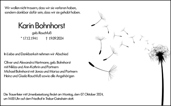 Traueranzeige von Karin Bohnhorst von Rüsselsheimer Echo
