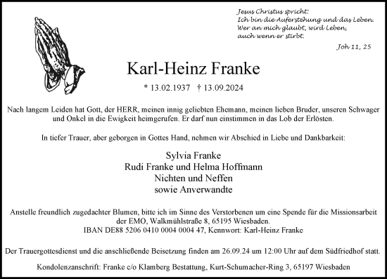 Traueranzeige von Karl-Heinz Franke von Wiesbadener Kurier