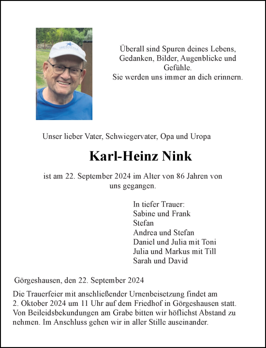 Traueranzeige von Karl-Heinz Nink von Nassauische Neue Presse