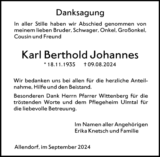 Traueranzeige von Karl Berthold Johannes von Wetzlarer Neue Zeitung