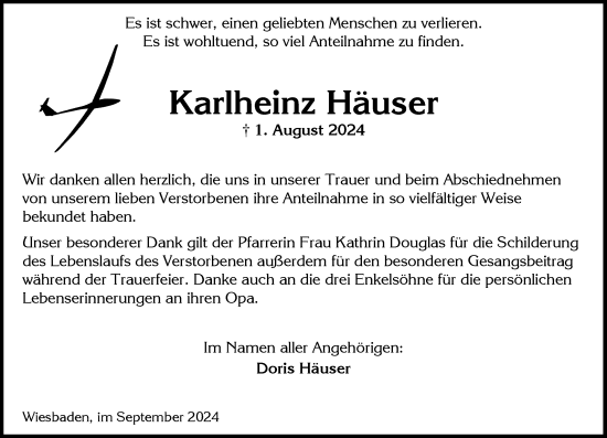 Traueranzeige von Karlheinz Häuser von Wiesbadener Kurier