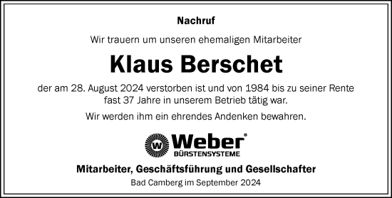 Traueranzeige von Klaus Berschet von Camberger Anzeiger
