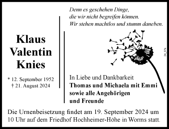 Traueranzeige von Klaus Valentin Knies von Wormser Zeitung