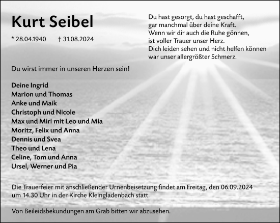 Traueranzeige von Kurt Seibel von Hinterländer Anzeiger
