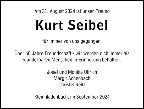 Traueranzeige von Kurt Seibel von Hinterländer Anzeiger