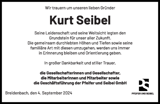 Traueranzeige von Kurt Seibel von Hinterländer Anzeiger