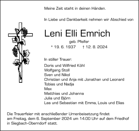 Traueranzeige von Leni Elli Emrich von Dill Block