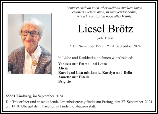 Traueranzeige von Liesel Brötz von Nassauische Neue Presse