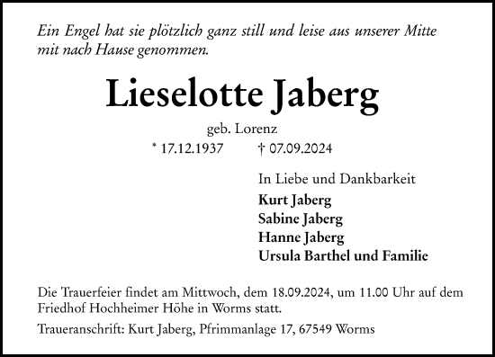 Traueranzeige von Lieselotte Jaberg von Wormser Zeitung