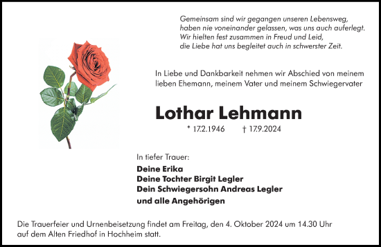 Traueranzeige von Lothar Lehmann von Hochheimer Zeitung