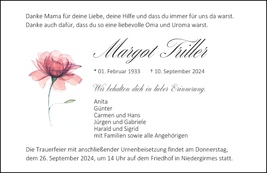 Traueranzeige von Margot Triller von Wetzlarer Neue Zeitung
