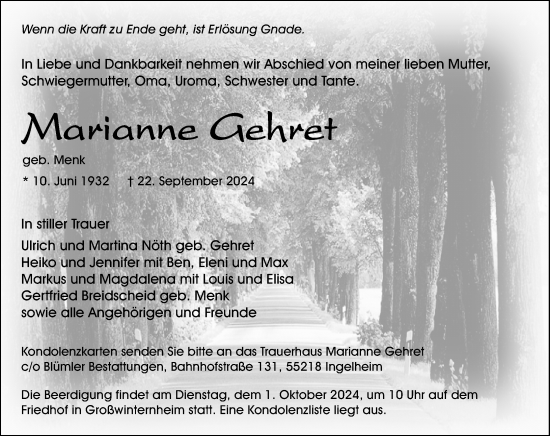 Traueranzeige von Marianne Gehret von Allgemeine Zeitung Rheinhessen-Nahe