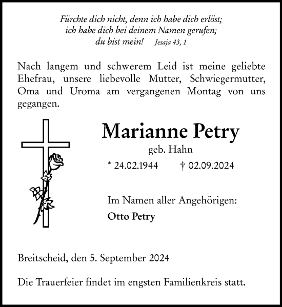 Traueranzeige von Marianne Petry von Dill Block