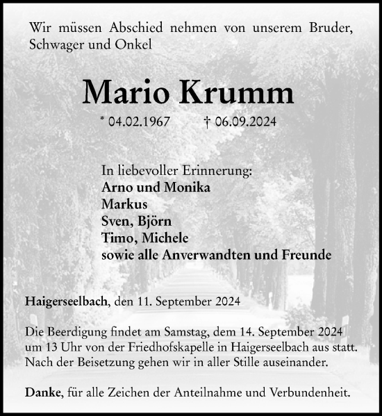 Traueranzeige von Mario Krumm von Dill Block