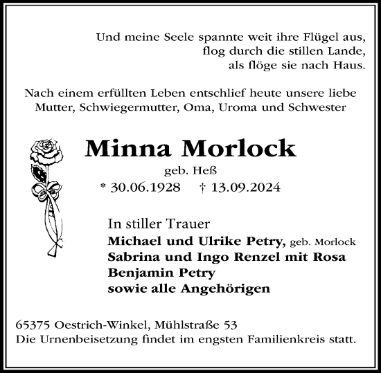 Traueranzeige von Minna Morlock von Wiesbadener Kurier