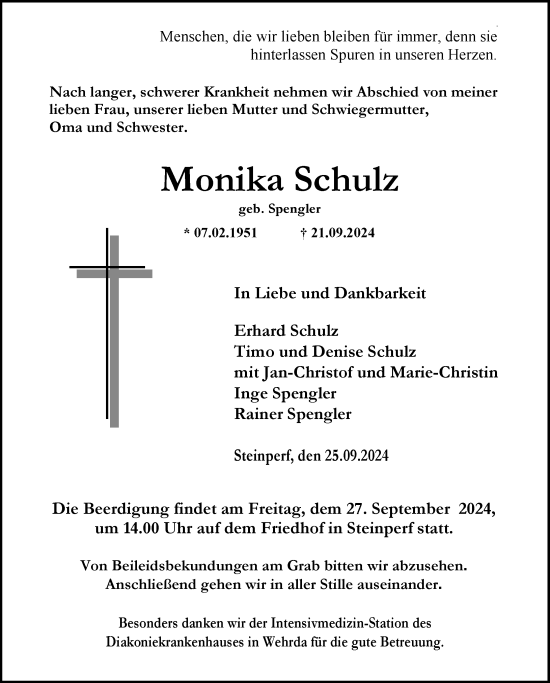 Traueranzeige von Monika Schulz von Hinterländer Anzeiger