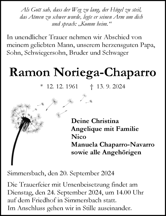 Traueranzeige von Ramon Noriega-Chaparro von Dill Block