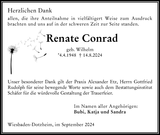 Traueranzeige von Renate Conrad von Wiesbadener Kurier