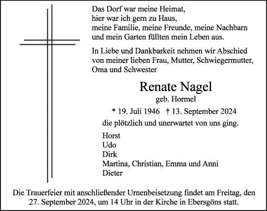 Traueranzeige von Renate Nagel von Wetzlarer Neue Zeitung