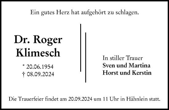 Traueranzeige von Roger Klimesch von Darmstädter Echo