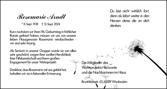 Traueranzeige von Rosemarie Arndt von Wiesbadener Kurier
