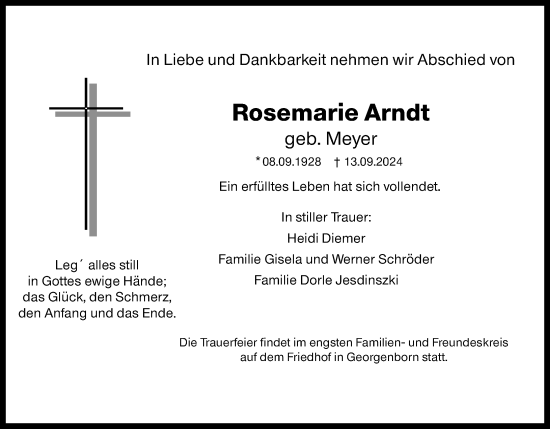 Traueranzeige von Rosemarie Arndt von Wiesbadener Kurier