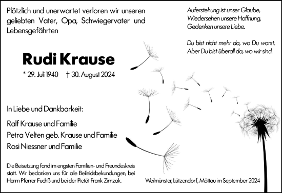 Traueranzeige von Rudi Krause von Weilburger Tageblatt
