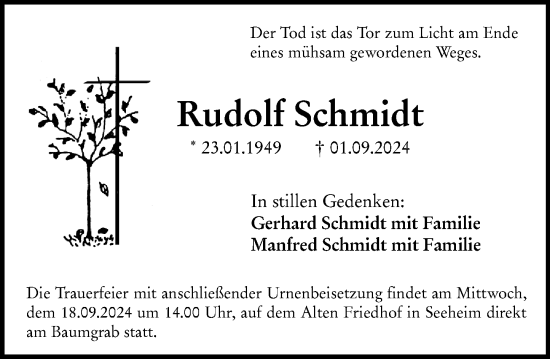 Traueranzeige von Rudolf Schmidt von Darmstädter Echo