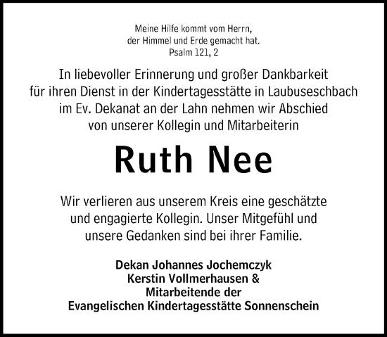 Traueranzeige von Ruth Nee von Weilburger Tageblatt
