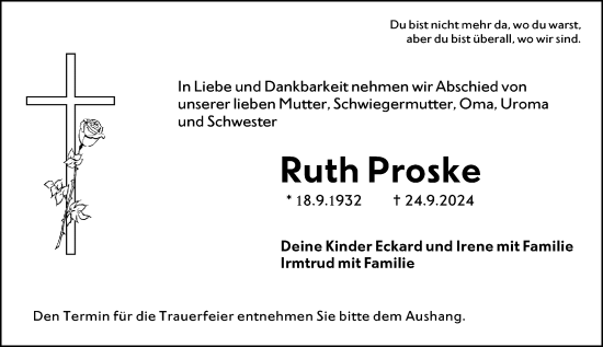 Traueranzeige von Ruth Proske von Hochheimer Zeitung