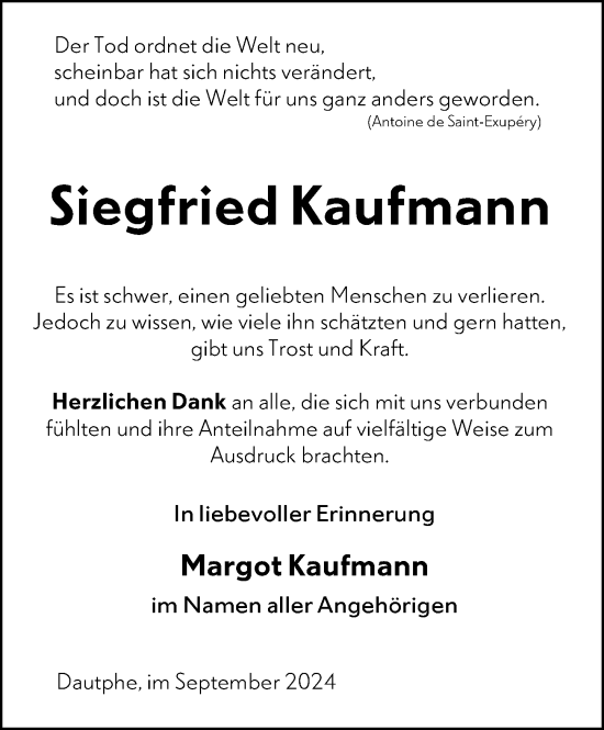 Traueranzeige von Siegfried Kaufmann von Hinterländer Anzeiger