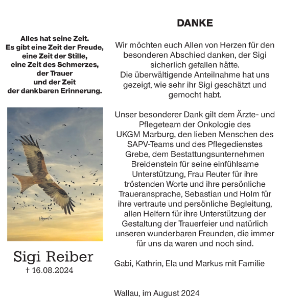 Traueranzeige von Sigi Reiber von Hinterländer Anzeiger