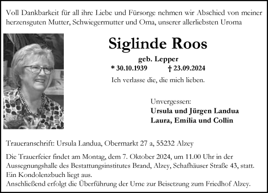 Traueranzeige von Siglinde Roos von Allgemeine Zeitung Alzey