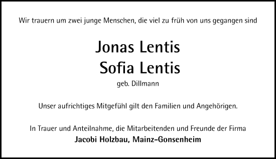 Traueranzeige von Sofia Lentis von Allgemeine Zeitung Mainz
